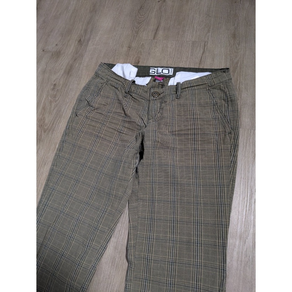 Y2K Glo Jeans Plaid Flare Pants Womens Juniors Size 3 Green Low Rise Stretch - Picture 3 of 6
